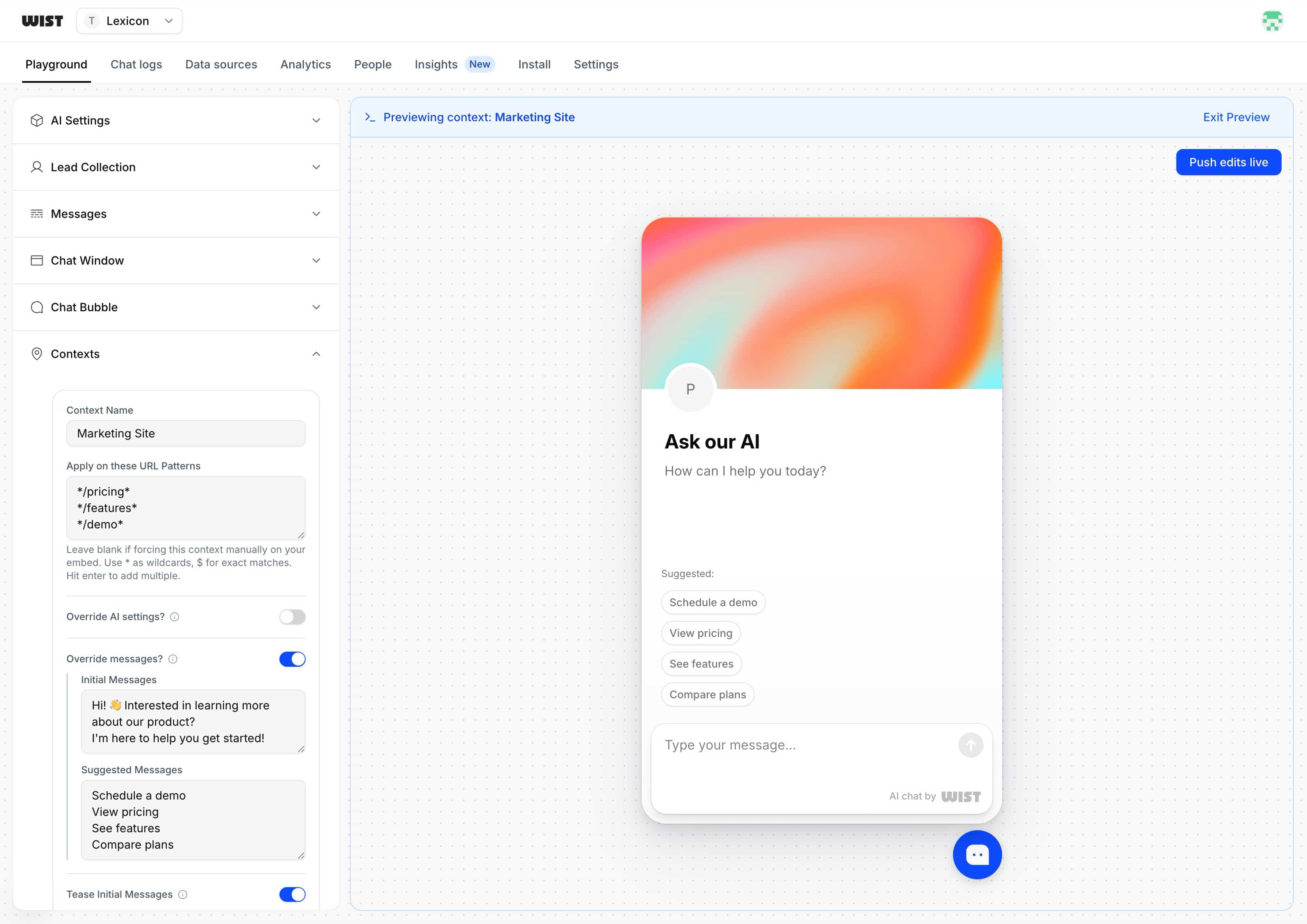 Wist Chat Agent Builder UI